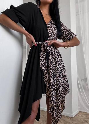 Сукня плаття довгі обʼємні рукави принт виріз довга кльош пряме плаття під пояс оверсайз леопард лео сорочка