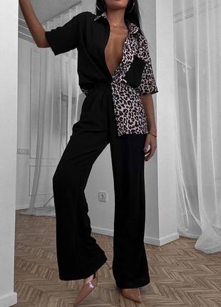 Костюм принт лего леопардовый брюки прямые широкие клеш кюлоты палаццо оверсайз рубашка блузка блуза легкий лето короткий рукав