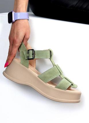 Шикарні босоніжки оливкові на платформі натуральна замша 21479