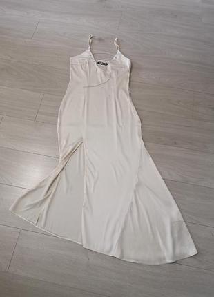 Нарядное длинное платье, шёлковое платье, бежевое платье с разрезом, выпускное платье zara2 фото