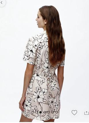 Стильное платье в цветы мини с поясом натуральное вискоза лен