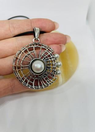 Срібна підвіска з перлинами+каучук зі сріблом 925 проба