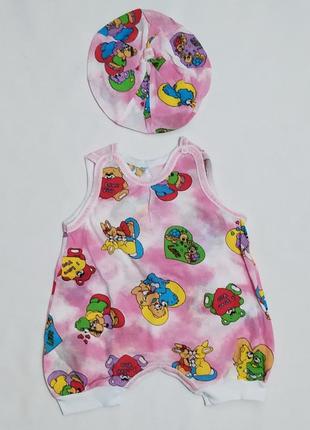 Літній костюм комплект на дівчинку р.68 - 3-6 місяців, 75701, комбінезон пісочник + шапочка