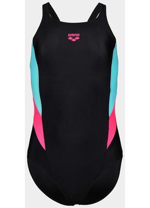 Купальник закритий для дівчат arena swimsuit v back panel чорний, рожевий, бірюзовий діт 116см