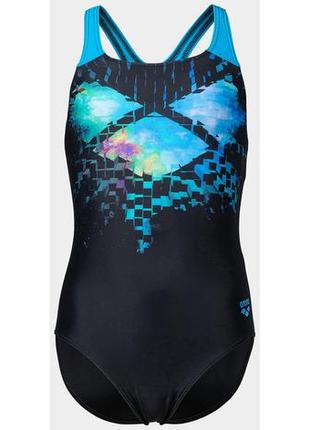 Купальник закритий для дівчат arena multi pixels swimsuit swim pro чорний, синій, блакитний діт 128с