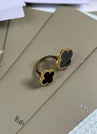 Кольцо женское два черных цветка клевер серебро 925 золотистое брендовое в стиле van cleef люкс