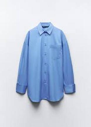 Голубая хлопковая рубашка оверсайз от zara, размер l5 фото