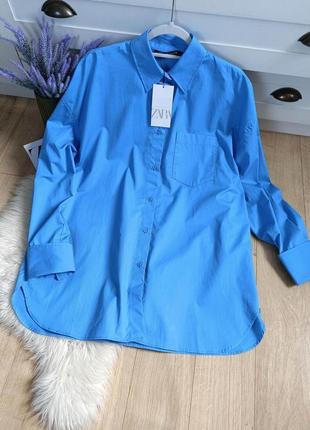 Голубая хлопковая рубашка оверсайз от zara, размер l3 фото