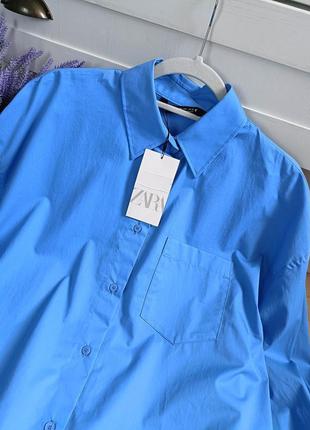 Голубая хлопковая рубашка оверсайз от zara, размер l4 фото