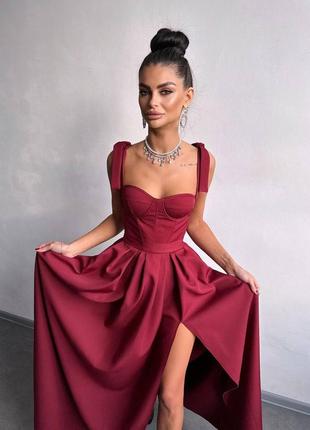 Женское изысканное нарядное длинное вечернее бордовое корсетное платье макси открыто плечи на выпускной5 фото