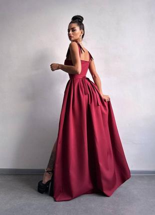 Женское изысканное нарядное длинное вечернее бордовое корсетное платье макси открыто плечи на выпускной6 фото