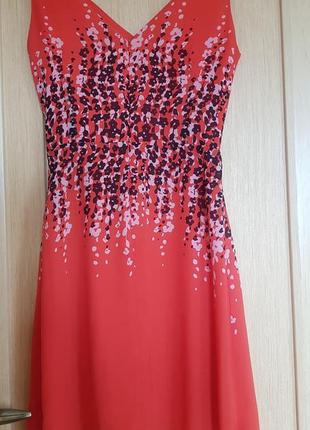 Платье коралловое с принтом коктейльное платье шифон2 фото