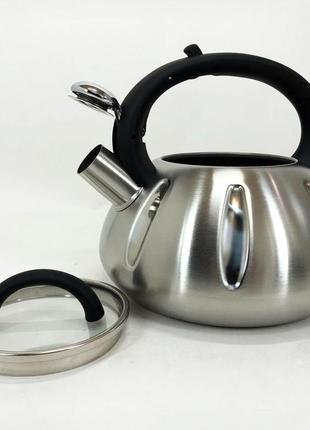 Чайник із свистком unique un-5303 кухонний на 3 літри, металевий чайник із нержавіючої сталі. колір: чорний2 фото