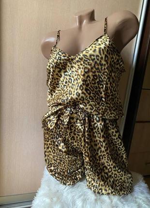 Трендовая леопардовая атласная пижама на лето, майка+шорты