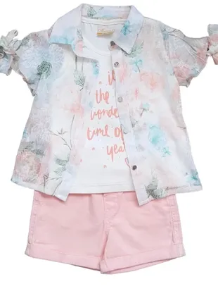 Летний нарядный комплект для девочки майка, блузочка,шорты р 98 молочный,розовый турция 25062-115