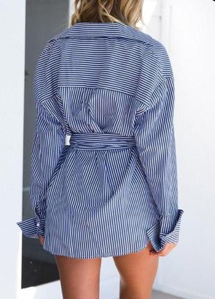 Рубашка блуза  в полоску из льна голубая1 фото