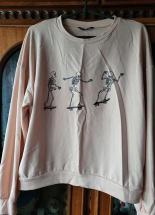 Свитшот свитер shein бежевый с милым прикольным принтом скелетики размер с