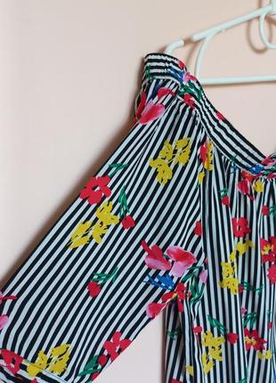 Яркая цветочная блузка в полоску батал, натуральная блуза с открытыми плечиками 56-58 р.2 фото