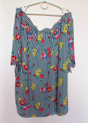 Яркая цветочная блузка в полоску батал, натуральная блуза с открытыми плечиками 56-58 р.5 фото