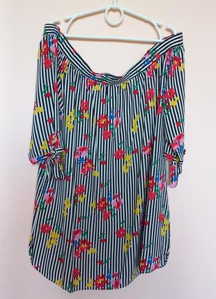 Яркая цветочная блузка в полоску батал, натуральная блуза с открытыми плечиками 56-58 р.
