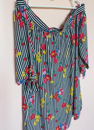 Яркая цветочная блузка в полоску батал, натуральная блуза с открытыми плечиками 56-58 р.3 фото