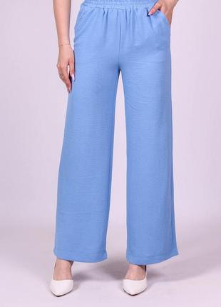 Штани вільного крою жіночі блакитні пояси — гумка, стильні широкі жатки з бічними кишенями актуаль 014,