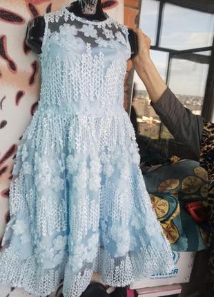 Шикарне святкове плаття мереживна блакитна сяюча сукня з шитьем платье на випуск підлітку дівчині красиве платьице нарядное + повязка на голову