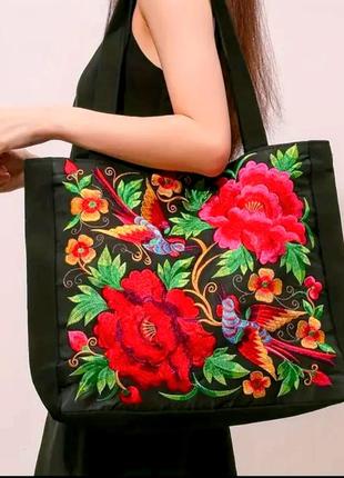 Сумка шопер етно вишиті квіти, вишивка, велика сумка жіноча, вишиванка