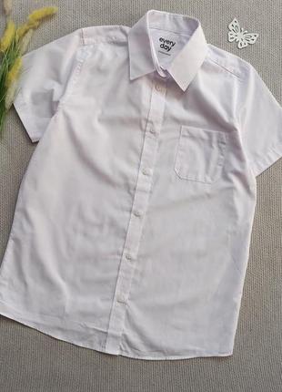 Детская белая подростковая летняя рубашка 14-15 лет с коротким рукавом для мальчика