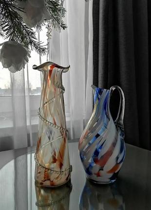 Винтаж! 🌷🦋 красный май комплект интерьерный из гутного художественного стекла ваза и кувшин ссср1 фото