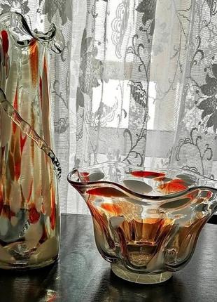 Винтаж! 🌷🦋 красный май комплект интерьерный из гутного художественного стекла ваза и кувшин ссср9 фото