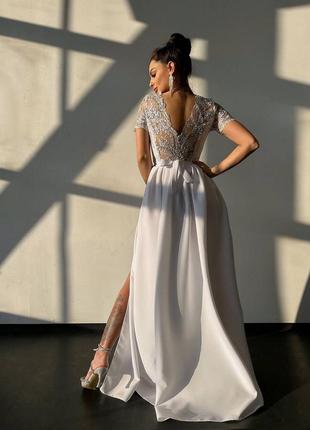 Жіноча якісна вечірня біла довга елегантна сукня максі в підлогу з мереживом на вихід, весільна