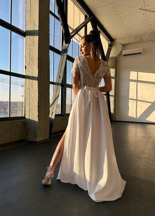 Женское качественное вечернее белое длинное элегантное платье макси в пол с кружевом...