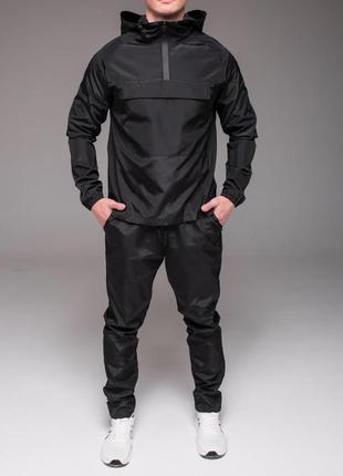 Спортивный черный мужской костюм плащевка  | мужской спортивный костюм с капюшоном | анорак + брюки черный