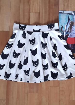Стильная короткая юбка клеш, теннисная юбка с котиками h&m xs