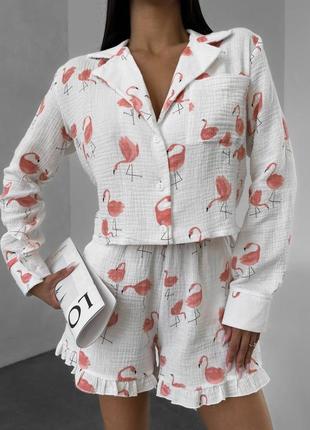 Муслінова біла піжама двійка укорочена сорочка+шорти у принт фламінго 42 44 46 xs s m l бавовняний комплект для дому