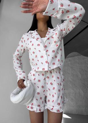Хлопковый белый комплект для дома в цветочный принт 42 44 46 xs s m l пижама из муслина шорты + рубашка