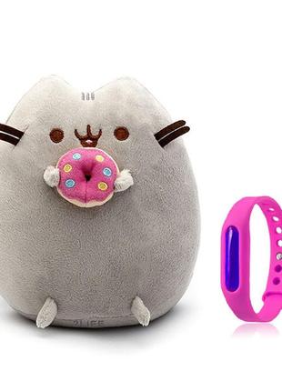 Набор мягкая игрушка pusheen cat с пончиком gray и детский силиконовый браслет от комаров (n-1087)