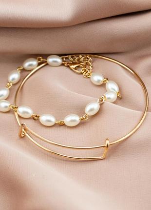 Два браслети комплект жіночі стильні з намистинами / золотий колір