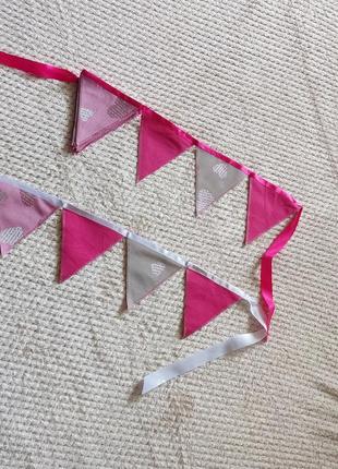 Текстильна гірлянда з прапорцями, гірлянда тканинна з сердечками, гірлянда рожева з прапорцями