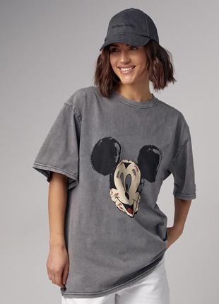 Жіноча футболка oversize з принтом mickey mouse — світло-сірий колір, l (є розміри)