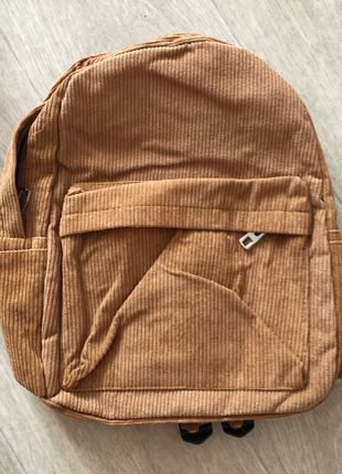 Рюкзак коричневый однотонный вельветовый велюровый рыжий в рубчик унисекс вместительный дт0854 фото