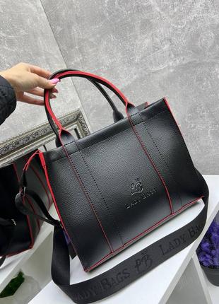 Жіноча стильна та якісна сумка з еко шкіри чорна з червоним6 фото