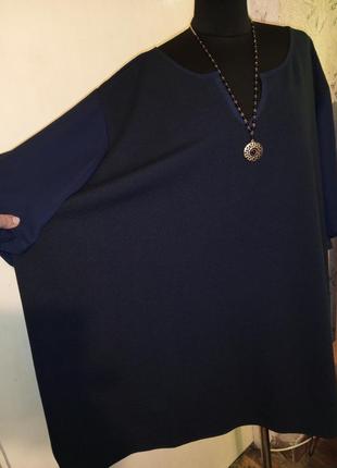 Женственная,комбинированная,трикотажная,синяя блузка,мега батал,janina3 фото