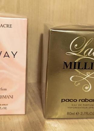 1).парфумовона вода для жінок paco rabanne lady million 80 мл. 

2).парфумовона  вода для жінок giorgio armani my way 90 мл
