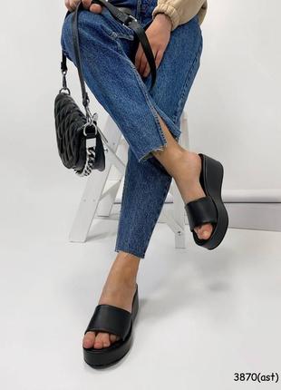 Сабо на танкетке натуральная кожа черные\ кожаные женские босоножки сабо на каблуке