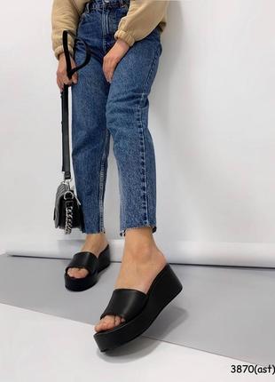 Сабо на танкетке натуральная кожа черные\ кожаные женские босоножки сабо на каблуке