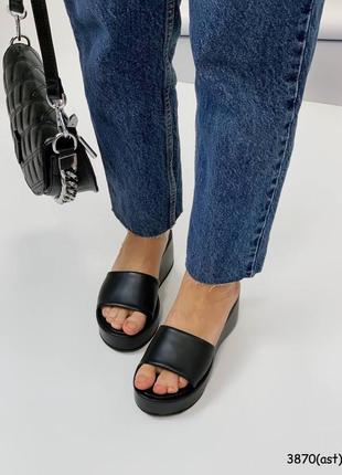 Сабо на танкетке натуральная кожа черные\ кожаные женские босоножки сабо на каблуке