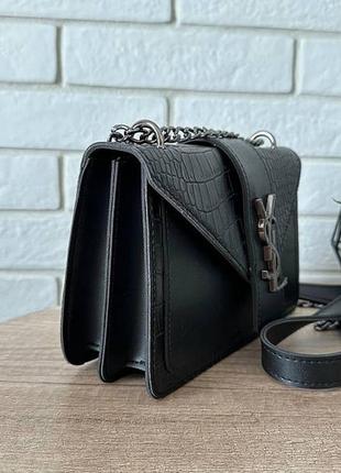 Жіноча міні сумочка клатч рептилія ysl чорна чорний з темною фурнітурою8 фото