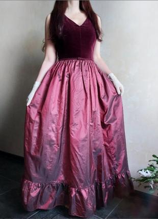 Винтаж великолепное бордовое платье макси без рукавов пушистый шелк и бархат